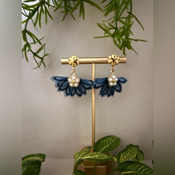 Elegant Blue Flirty Tassel Fabric Dangle Earrings - Romantic Floral Earrings - Picture 10 of 11